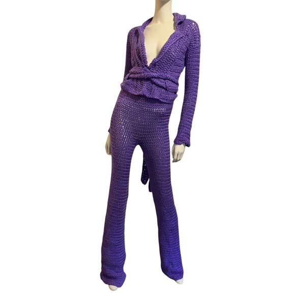 Vintage Handmade Knit Two Piece Set M Backless Flare Leg Rave Festival Resort - Picture 2 of 14